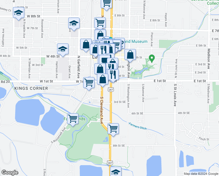 map of restaurants, bars, coffee shops, grocery stores, and more near 137 South Lincoln Avenue in Loveland