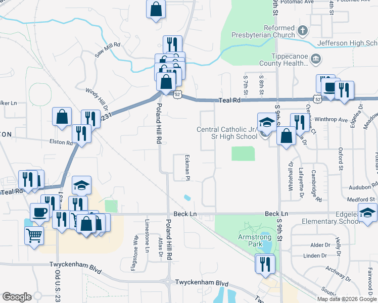 map of restaurants, bars, coffee shops, grocery stores, and more near 430 Eckman Lane in Lafayette