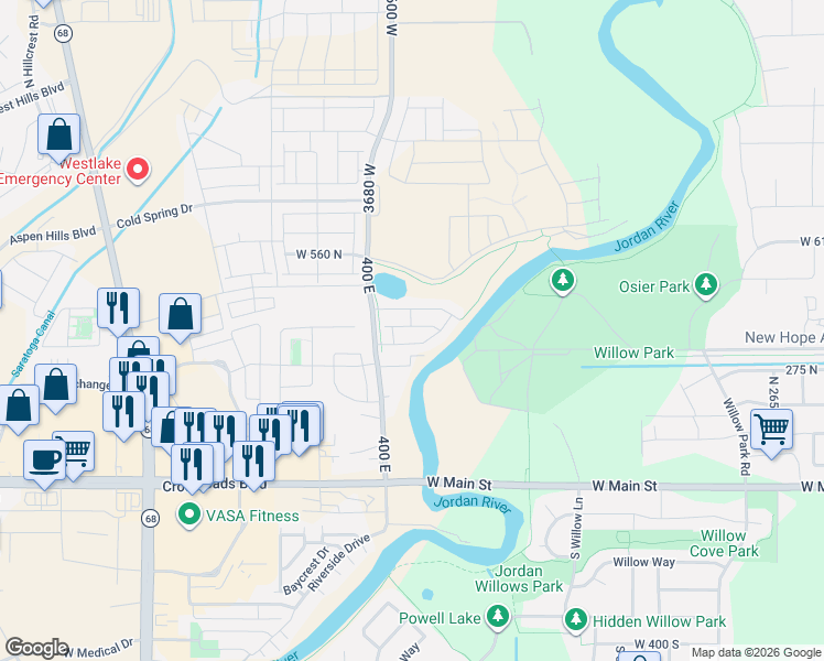map of restaurants, bars, coffee shops, grocery stores, and more near 3591 Cornfield Drive in Lehi