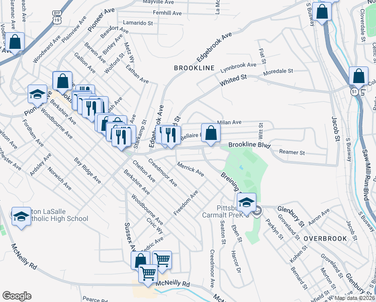 map of restaurants, bars, coffee shops, grocery stores, and more near 1242 Brookline Boulevard in Pittsburgh