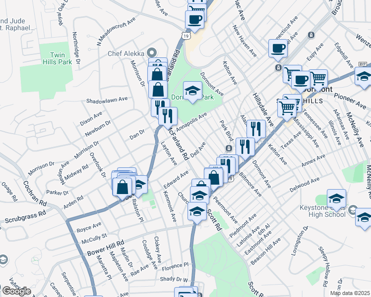 map of restaurants, bars, coffee shops, grocery stores, and more near in Dormont
