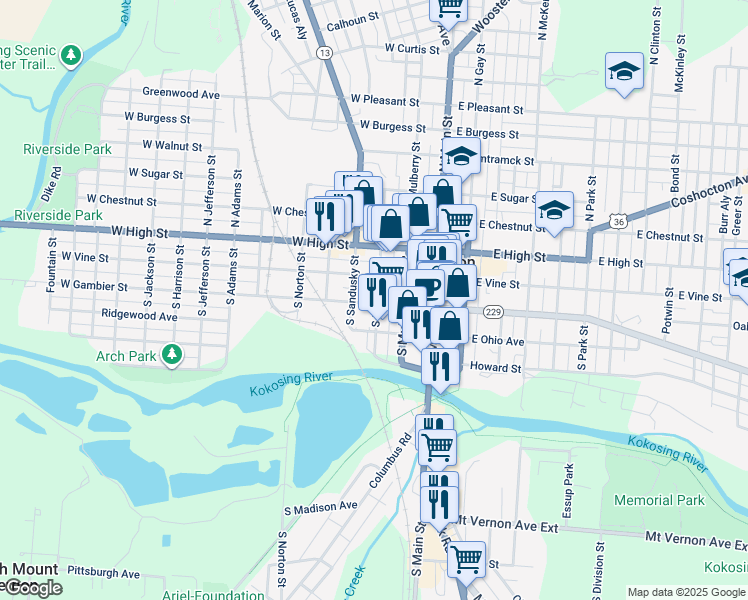 map of restaurants, bars, coffee shops, grocery stores, and more near 100-198 S Mechanic St in Mt Vernon