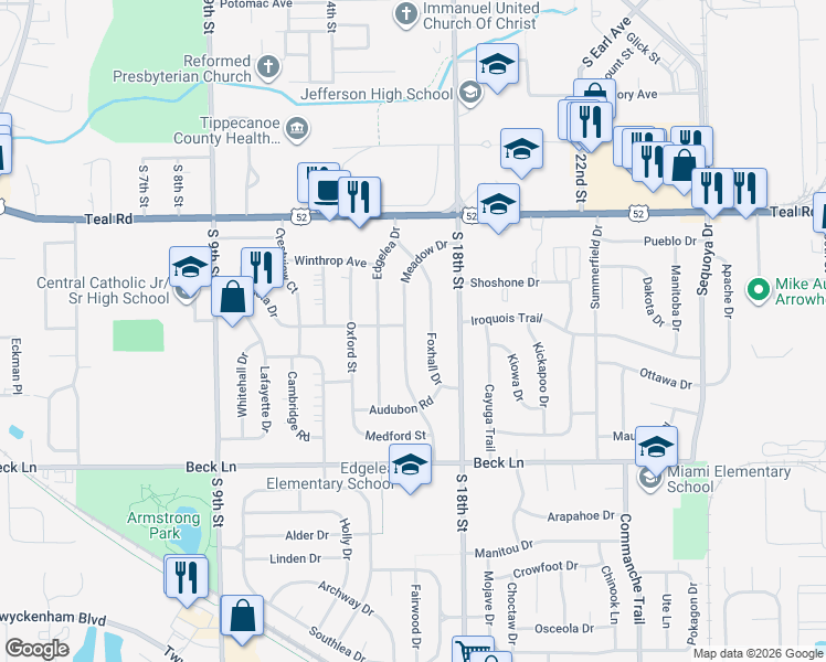 map of restaurants, bars, coffee shops, grocery stores, and more near 2505 Meadow Drive in Lafayette