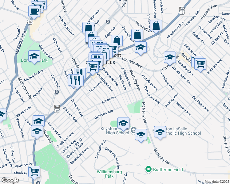 map of restaurants, bars, coffee shops, grocery stores, and more near 1220 Mississippi Avenue in Pittsburgh