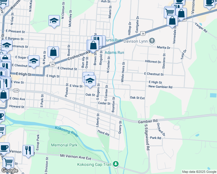 map of restaurants, bars, coffee shops, grocery stores, and more near 807 East Vine Street in Mount Vernon