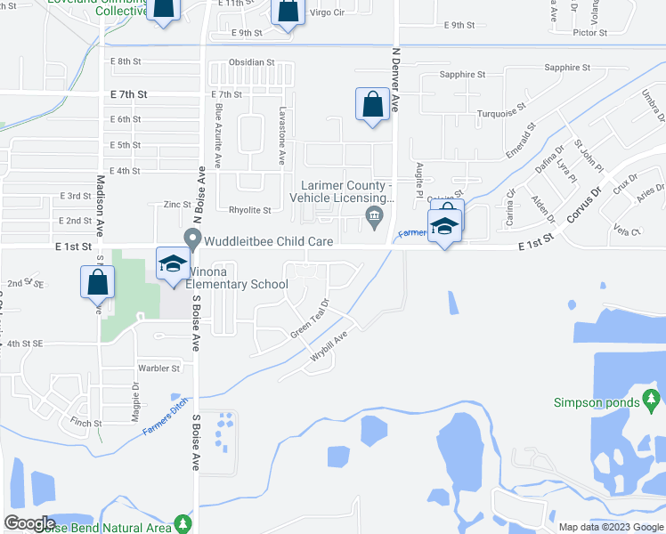 map of restaurants, bars, coffee shops, grocery stores, and more near 158 Greenteal Drive in Loveland