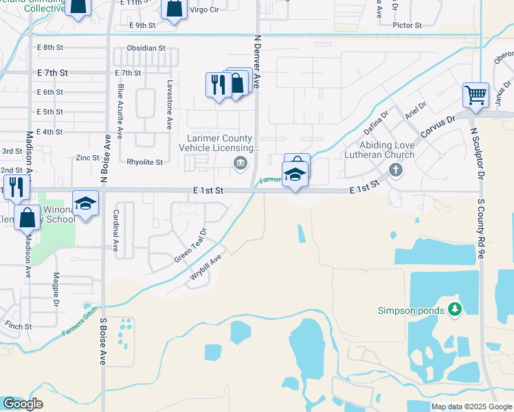 map of restaurants, bars, coffee shops, grocery stores, and more near 2366 East 1st Street in Loveland