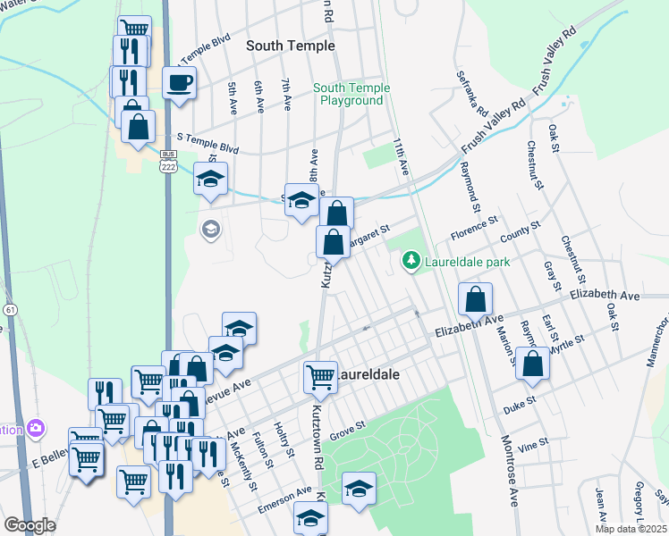 map of restaurants, bars, coffee shops, grocery stores, and more near 3625 Kutztown Road in Laureldale