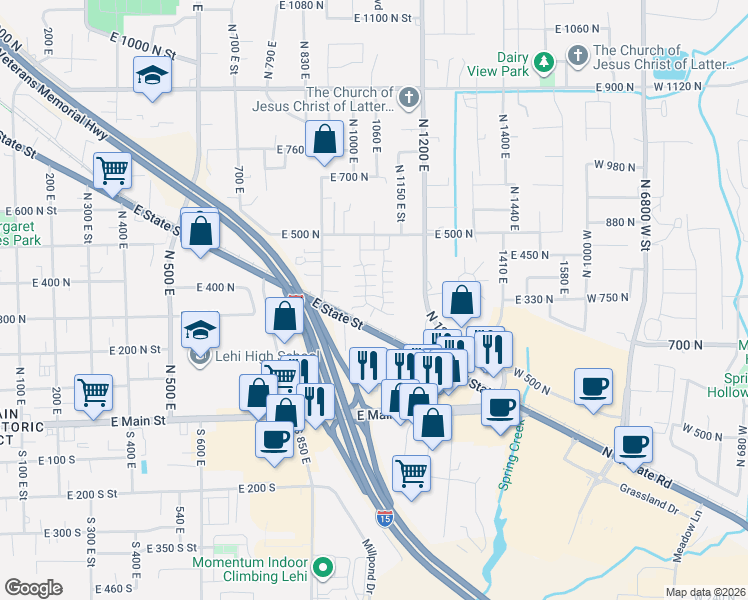 map of restaurants, bars, coffee shops, grocery stores, and more near 336 1110 East in Lehi