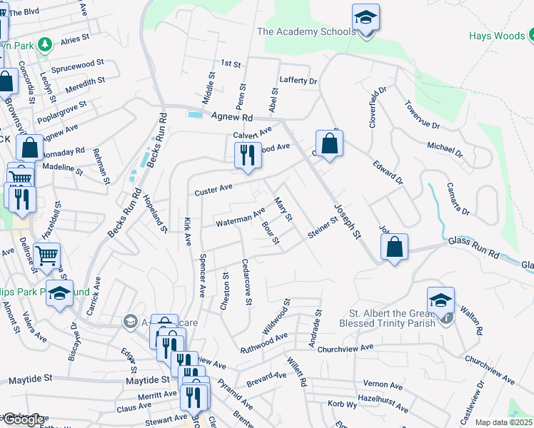 map of restaurants, bars, coffee shops, grocery stores, and more near 2814 Waterman Avenue in Pittsburgh