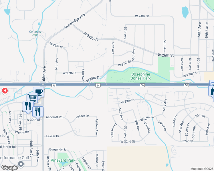 map of restaurants, bars, coffee shops, grocery stores, and more near 5834 U.S. Route 34 in Greeley