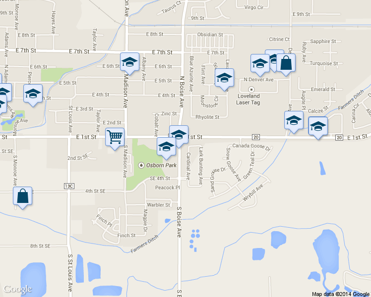 map of restaurants, bars, coffee shops, grocery stores, and more near 167 Cardinal Avenue in Loveland