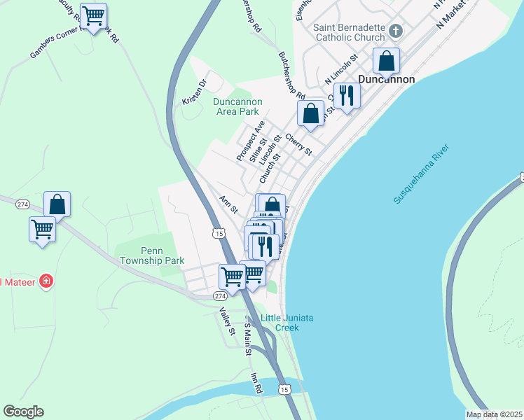 map of restaurants, bars, coffee shops, grocery stores, and more near 114 North High Street in Duncannon