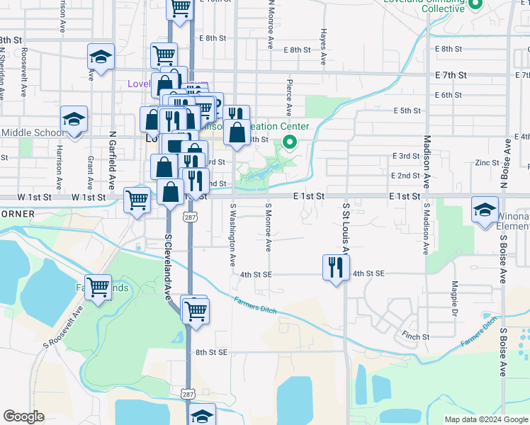 map of restaurants, bars, coffee shops, grocery stores, and more near 615 2nd Street Southeast in Loveland