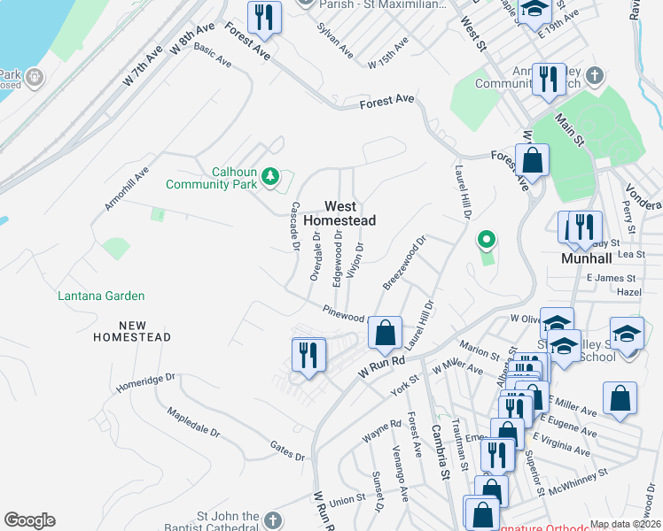 map of restaurants, bars, coffee shops, grocery stores, and more near 1320 Edgewood Dr in West Homestead