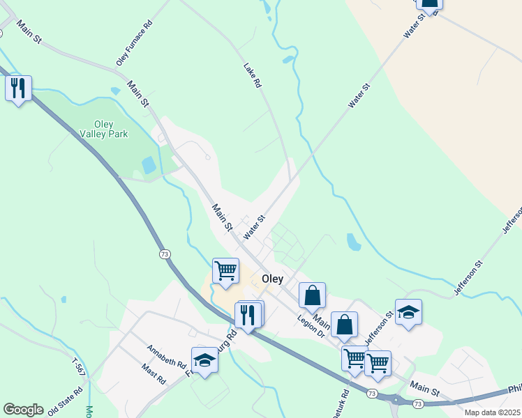 map of restaurants, bars, coffee shops, grocery stores, and more near 28 Water Street in Oley