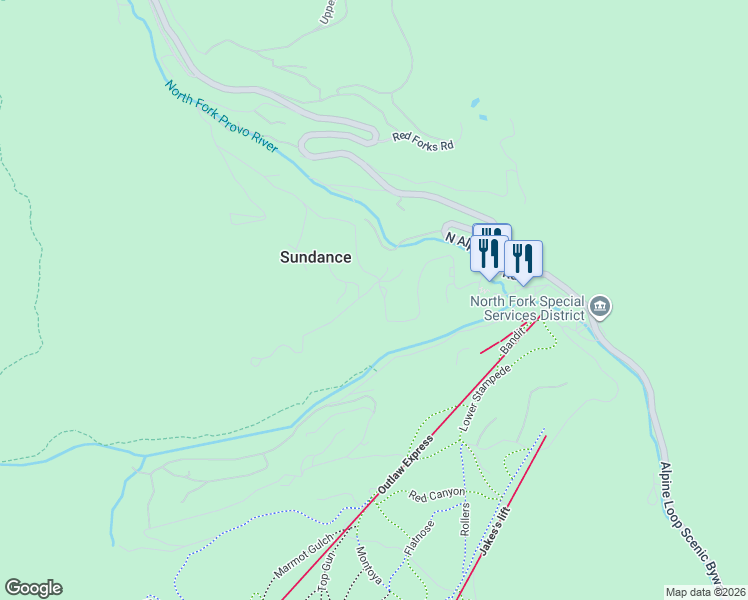 map of restaurants, bars, coffee shops, grocery stores, and more near 8835 Timphaven Road in Sundance