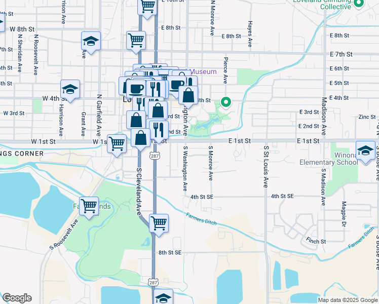 map of restaurants, bars, coffee shops, grocery stores, and more near 136 South Washington Avenue in Loveland