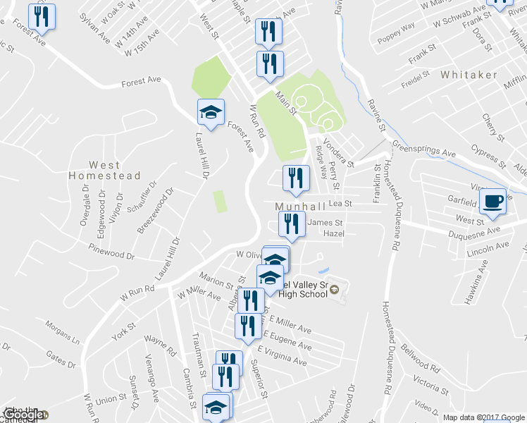 map of restaurants, bars, coffee shops, grocery stores, and more near 130 W James St in Munhall