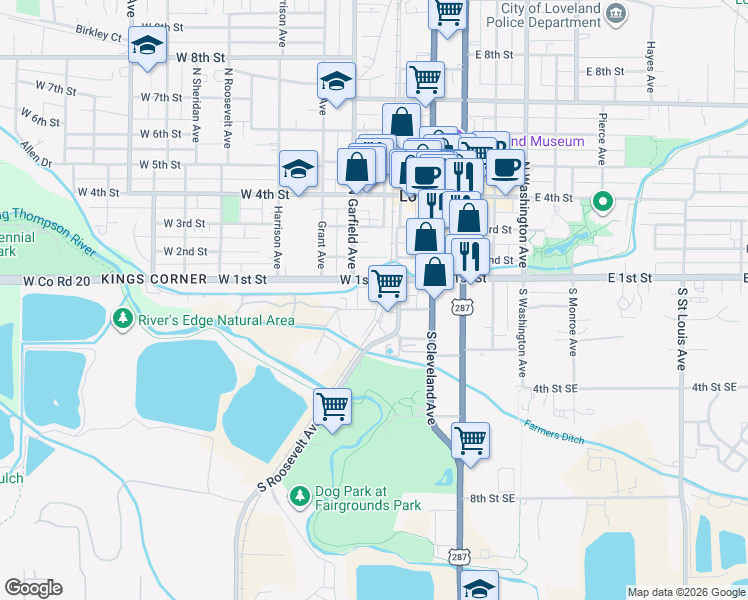 map of restaurants, bars, coffee shops, grocery stores, and more near 103 South Railroad Avenue in Loveland