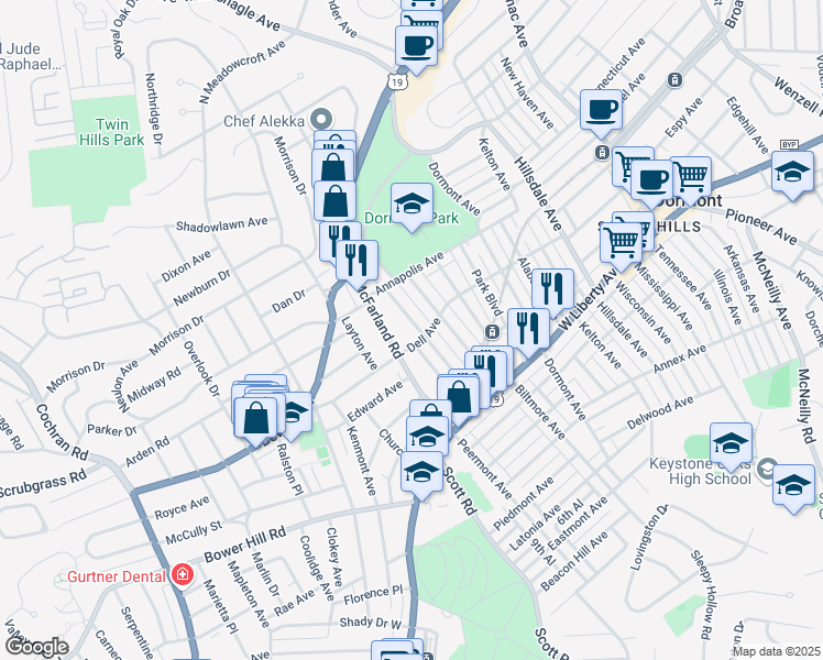 map of restaurants, bars, coffee shops, grocery stores, and more near 1513 Tolma Avenue in Pittsburgh