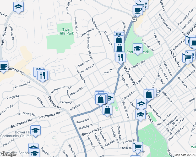 map of restaurants, bars, coffee shops, grocery stores, and more near 520 Hillcrest Place in Pittsburgh
