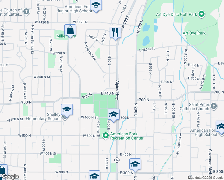 map of restaurants, bars, coffee shops, grocery stores, and more near 70 East 760 North Street in American Fork