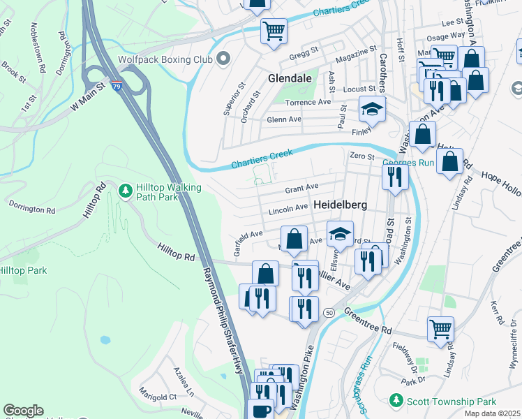 map of restaurants, bars, coffee shops, grocery stores, and more near 1601 Jackson Street in Heidelberg