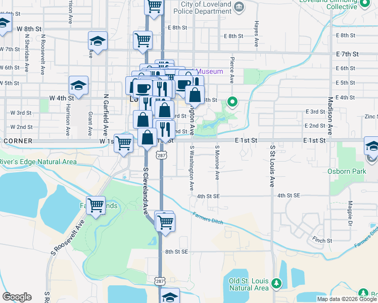 map of restaurants, bars, coffee shops, grocery stores, and more near 136 South Washington Avenue in Loveland