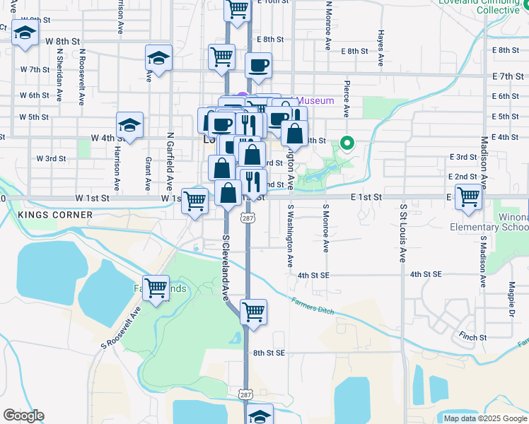 map of restaurants, bars, coffee shops, grocery stores, and more near 129 South Jefferson Avenue in Loveland