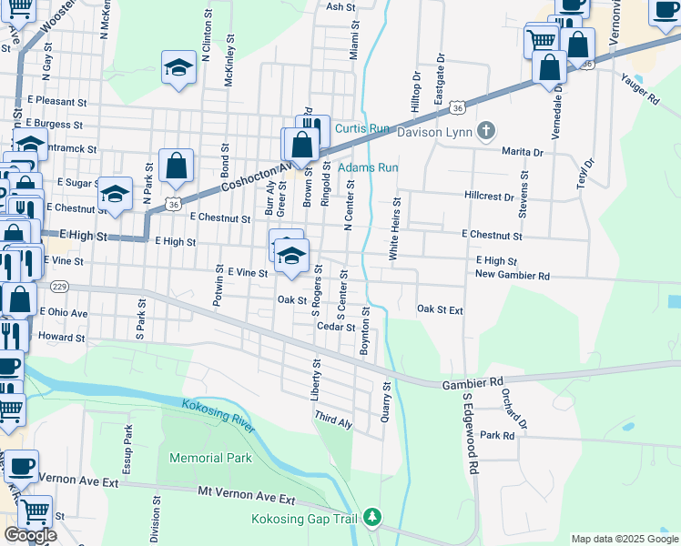 map of restaurants, bars, coffee shops, grocery stores, and more near 807 East Vine Street in Mount Vernon