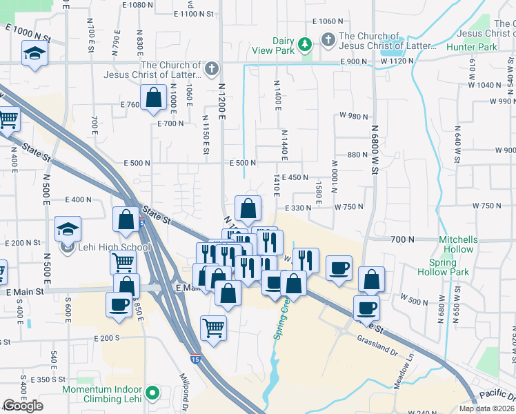 map of restaurants, bars, coffee shops, grocery stores, and more near 337 N 1350 E in Lehi