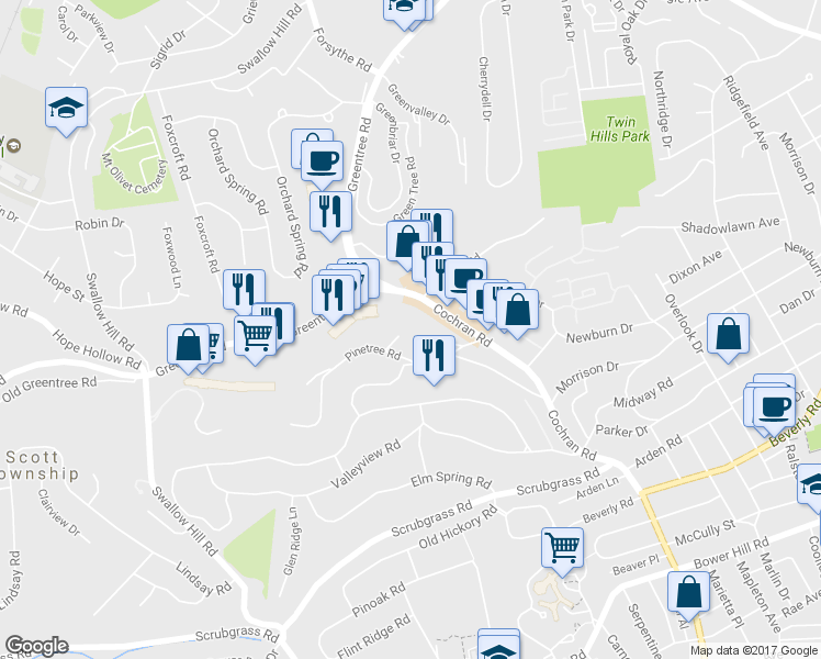 map of restaurants, bars, coffee shops, grocery stores, and more near 108 Blue Spruce Cir in Pittsburgh