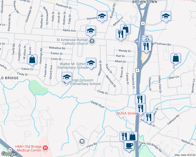 map of restaurants, bars, coffee shops, grocery stores, and more near 48 Margaret Street in Old Bridge Township