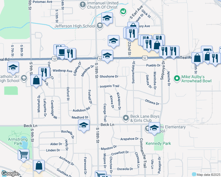 map of restaurants, bars, coffee shops, grocery stores, and more near 2401 Kickapoo Drive in Lafayette