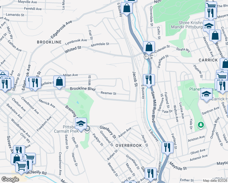 map of restaurants, bars, coffee shops, grocery stores, and more near 1561 Reamer Street in Pittsburgh
