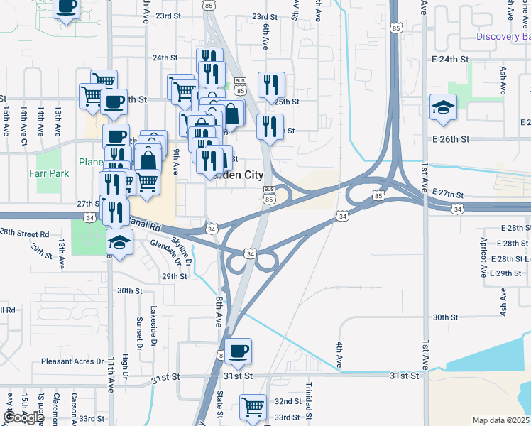 map of restaurants, bars, coffee shops, grocery stores, and more near 608 27th Street Road in Greeley