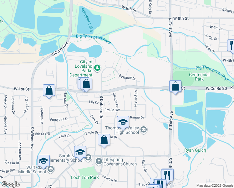 map of restaurants, bars, coffee shops, grocery stores, and more near 127 Glenda Drive in Loveland