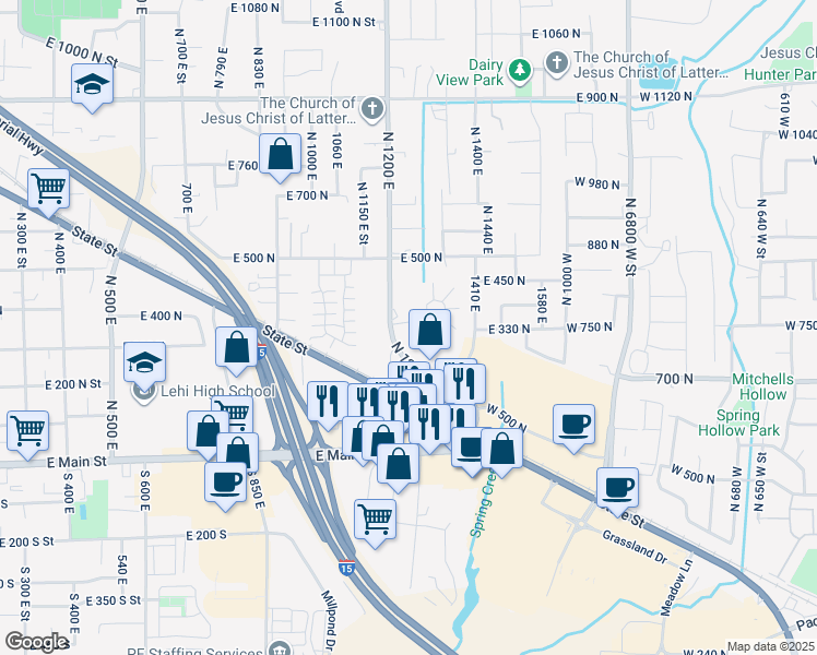 map of restaurants, bars, coffee shops, grocery stores, and more near 329 North 1270 East in Lehi
