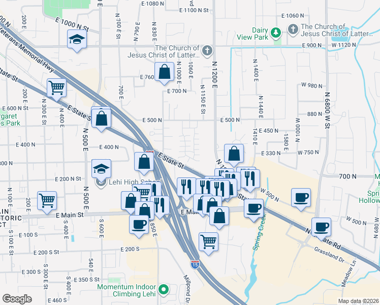 map of restaurants, bars, coffee shops, grocery stores, and more near 336 1110 East in Lehi