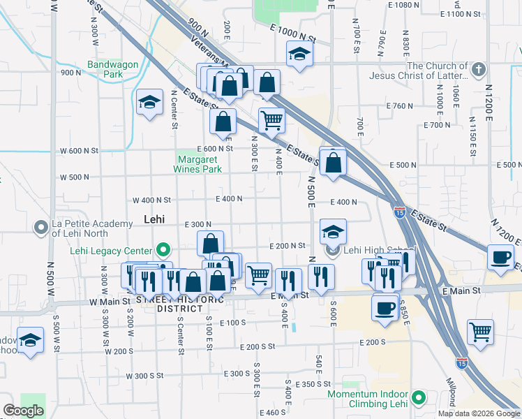 map of restaurants, bars, coffee shops, grocery stores, and more near 346 North 300 East Street in Lehi