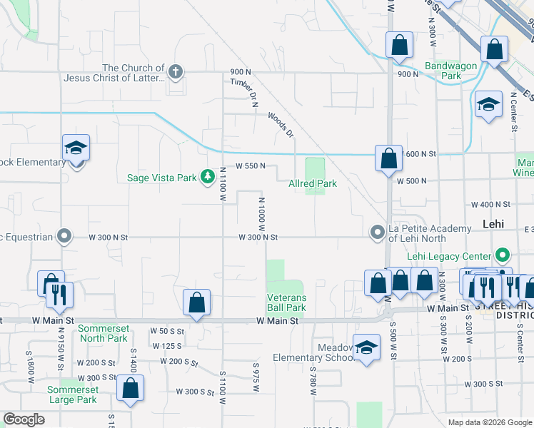 map of restaurants, bars, coffee shops, grocery stores, and more near 366 North 1000 West in Lehi