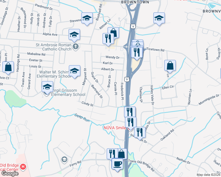 map of restaurants, bars, coffee shops, grocery stores, and more near 23 Carole Place in Old Bridge