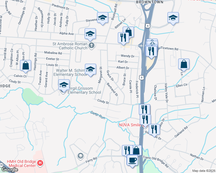 map of restaurants, bars, coffee shops, grocery stores, and more near 17 Bertrand Street in Old Bridge