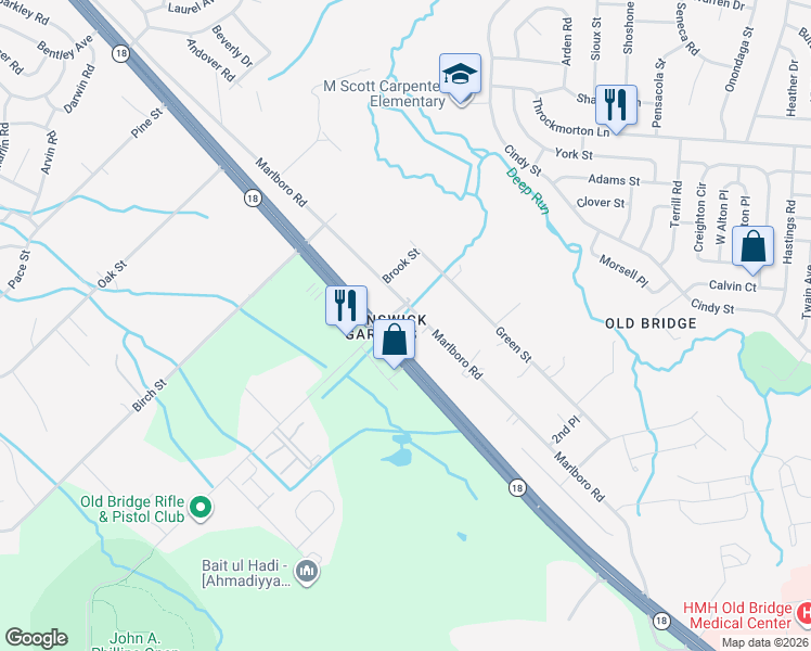 map of restaurants, bars, coffee shops, grocery stores, and more near 579 County Road 700 in Old Bridge