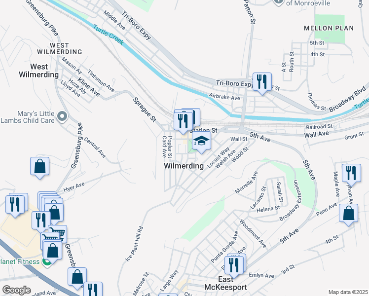 map of restaurants, bars, coffee shops, grocery stores, and more near 215 Caldwell Avenue in Wilmerding