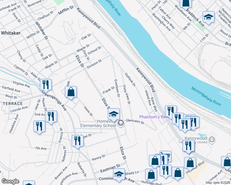 map of restaurants, bars, coffee shops, grocery stores, and more near 3922 Everlawn Street in West Mifflin