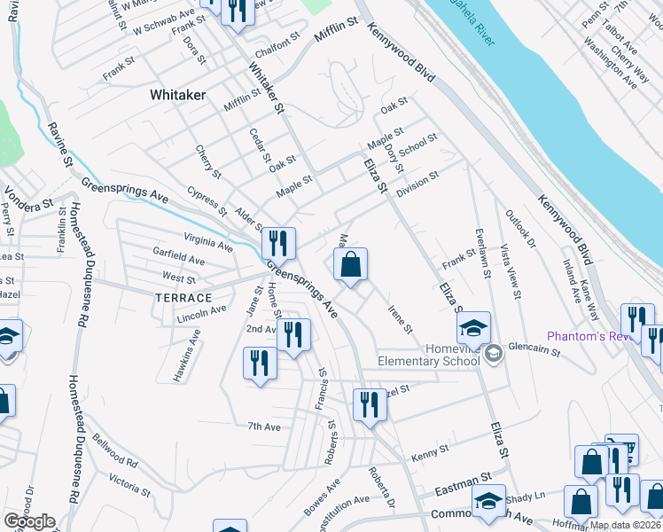 map of restaurants, bars, coffee shops, grocery stores, and more near 3806 Clark Street in West Mifflin