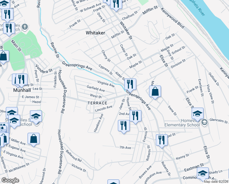 map of restaurants, bars, coffee shops, grocery stores, and more near 3421 Garfield Avenue in West Mifflin