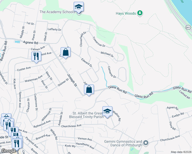 map of restaurants, bars, coffee shops, grocery stores, and more near 1136 Edward Drive in Pittsburgh